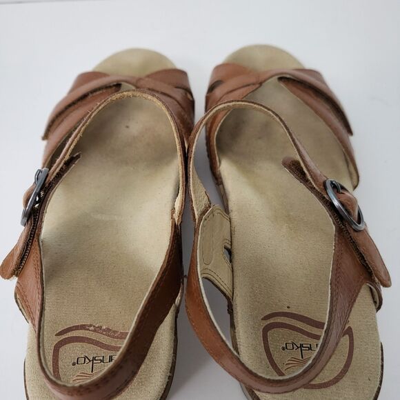 DANSKO Season Sandals Womens 7.5 8 38 Camel Brown Leather Strappy Wedge Comfort - Picture 5 of 11